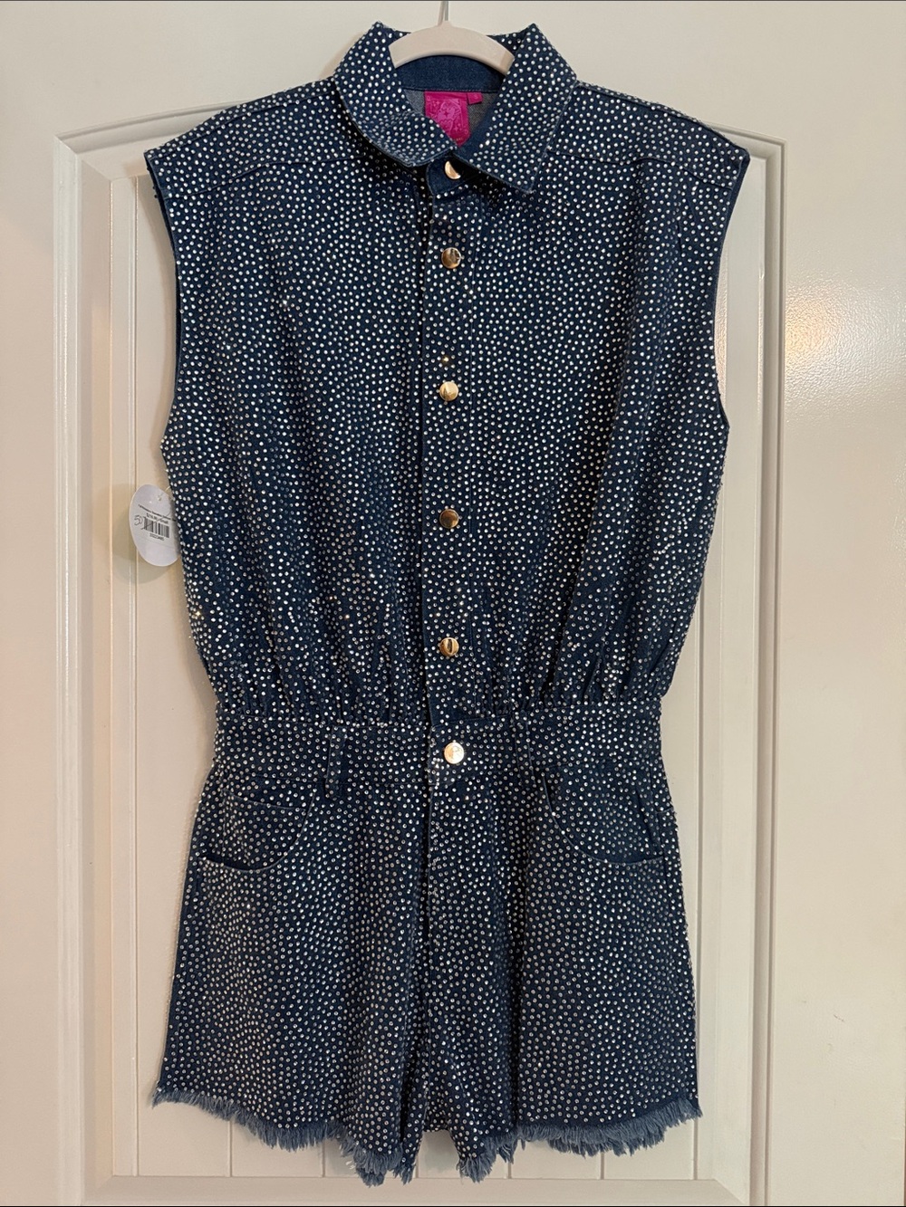 QUEEN OF SPARKLES Denim Full Rhinestones Romper